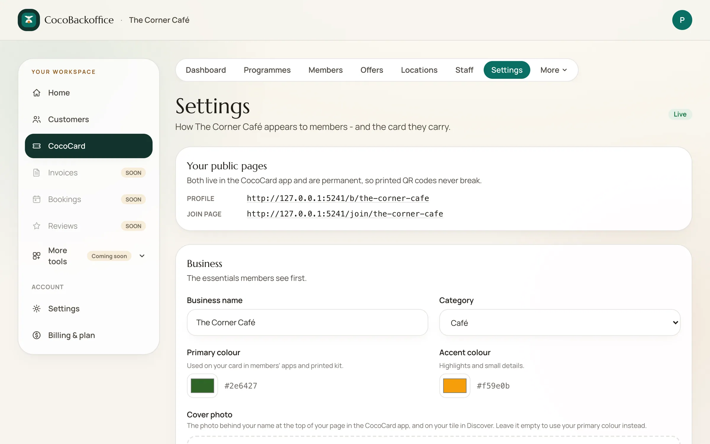 Back office: brand settings for a business's card and pages