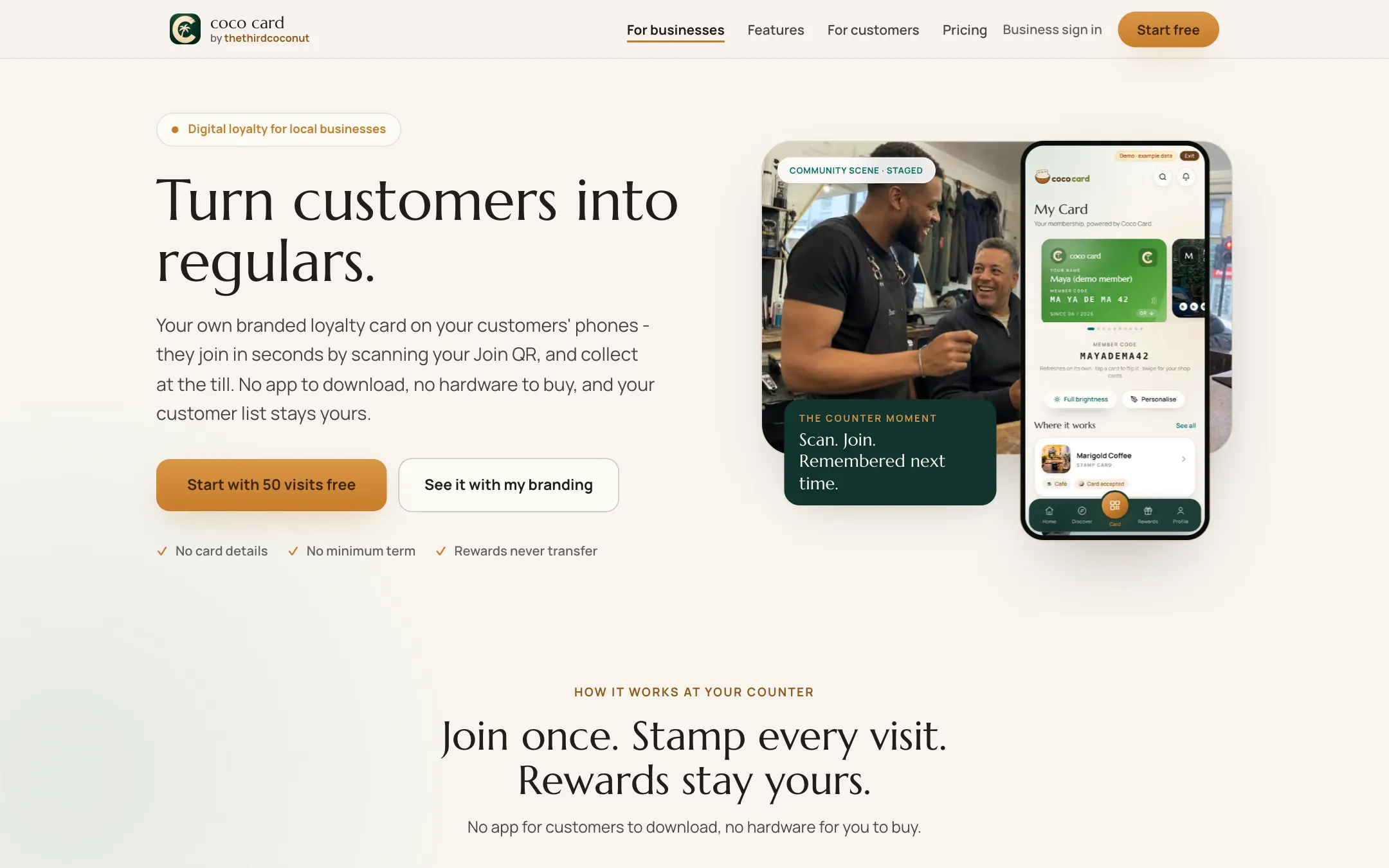 The Coco Card 'for businesses' page: Turn customers into regulars