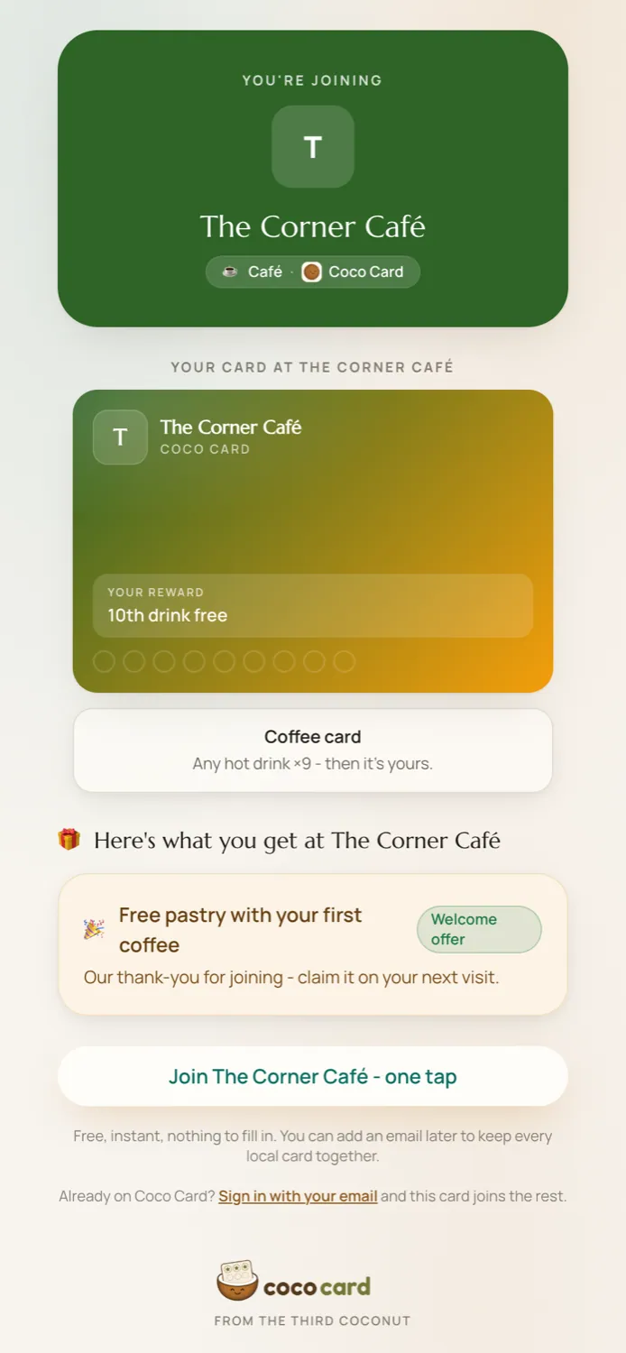 Customer app: joining a café's card by scanning its QR code