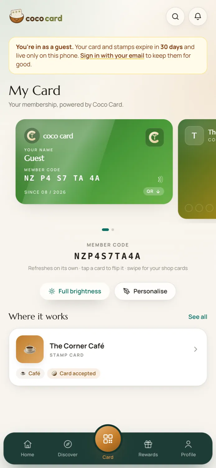Customer app: a member card with stamps collected