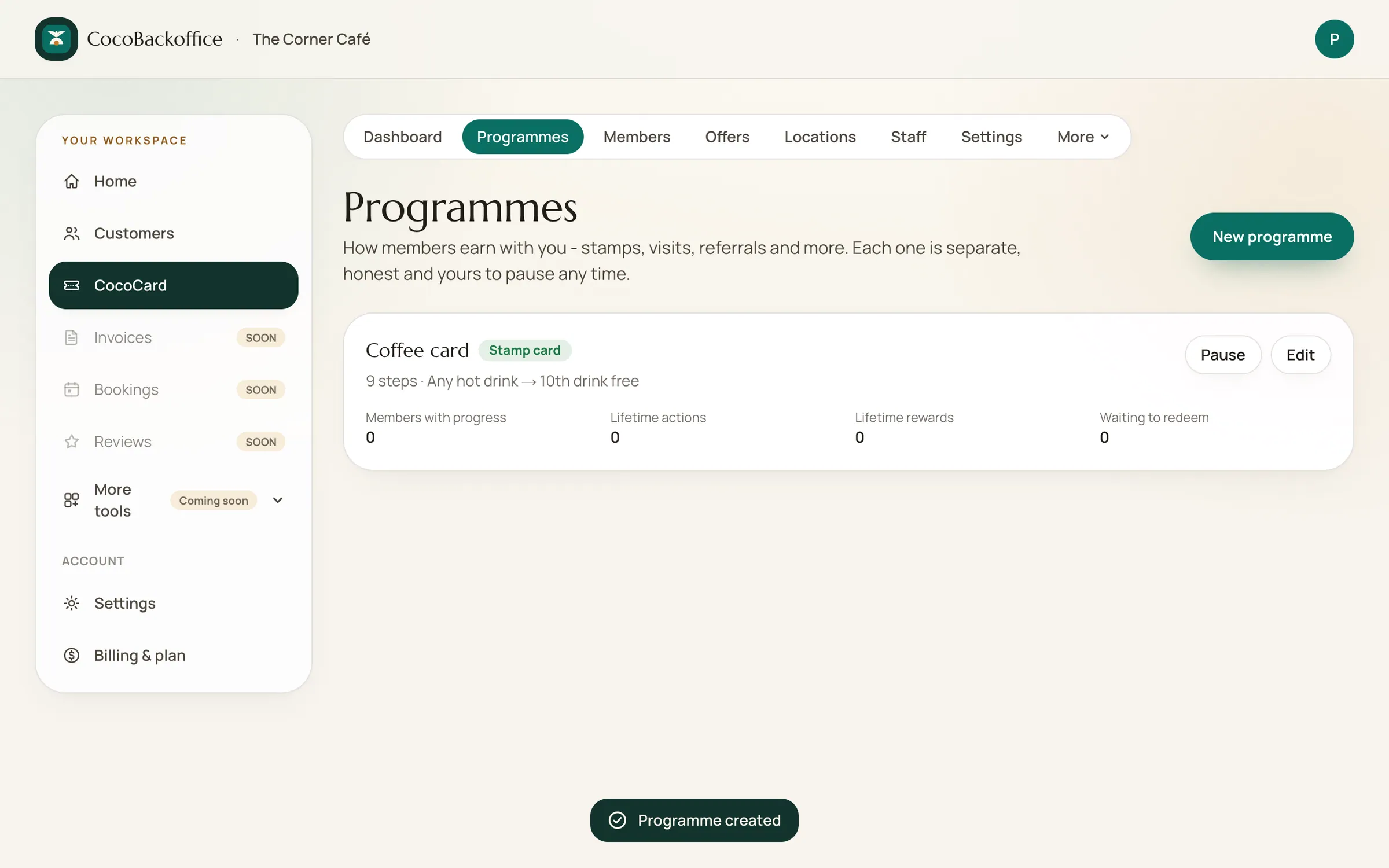 Back office: a stamp programme has just been created, with the setup checklist alongside