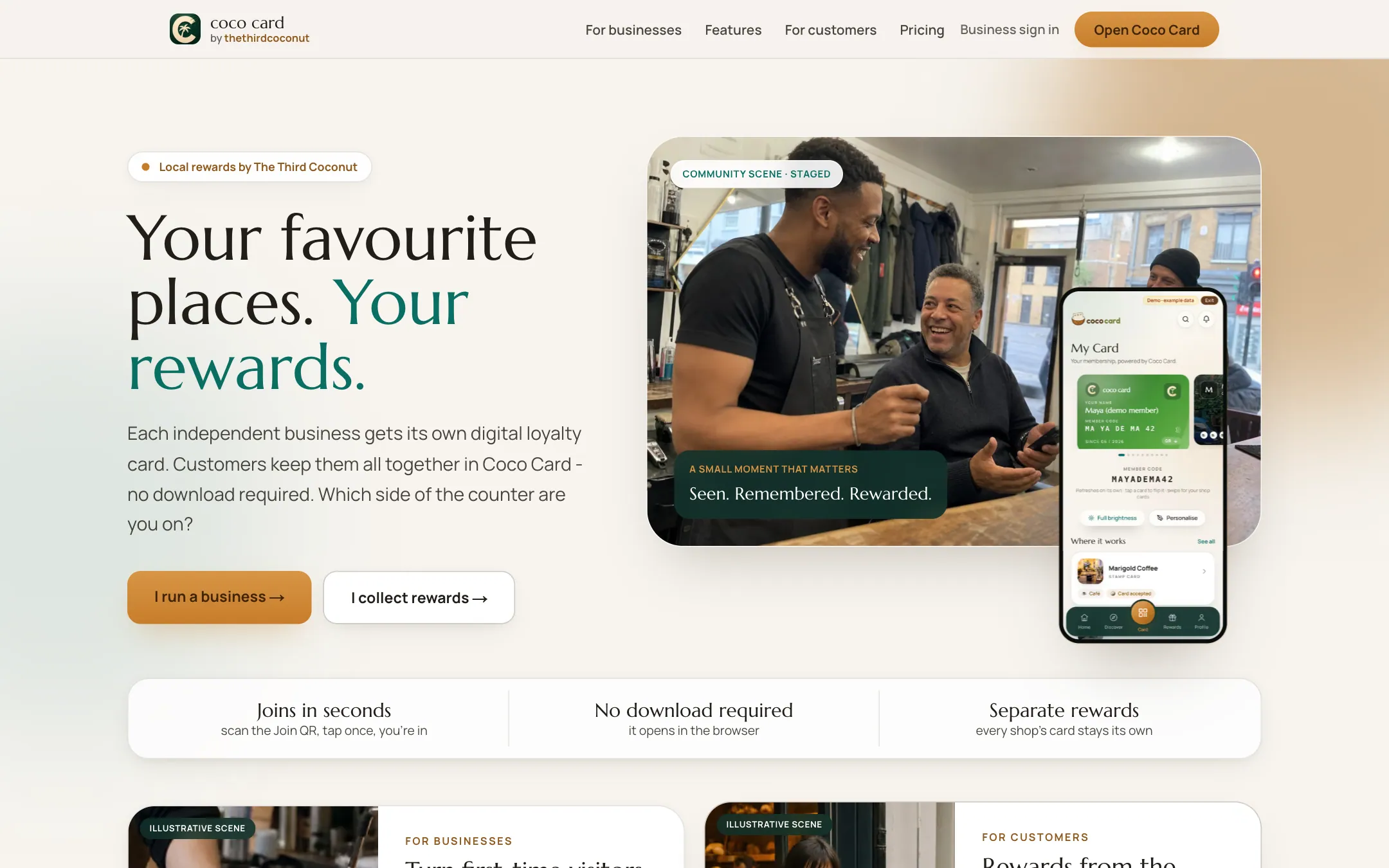 The Coco Card homepage: 'Your favourite places. Your rewards.' beside a phone showing a member card