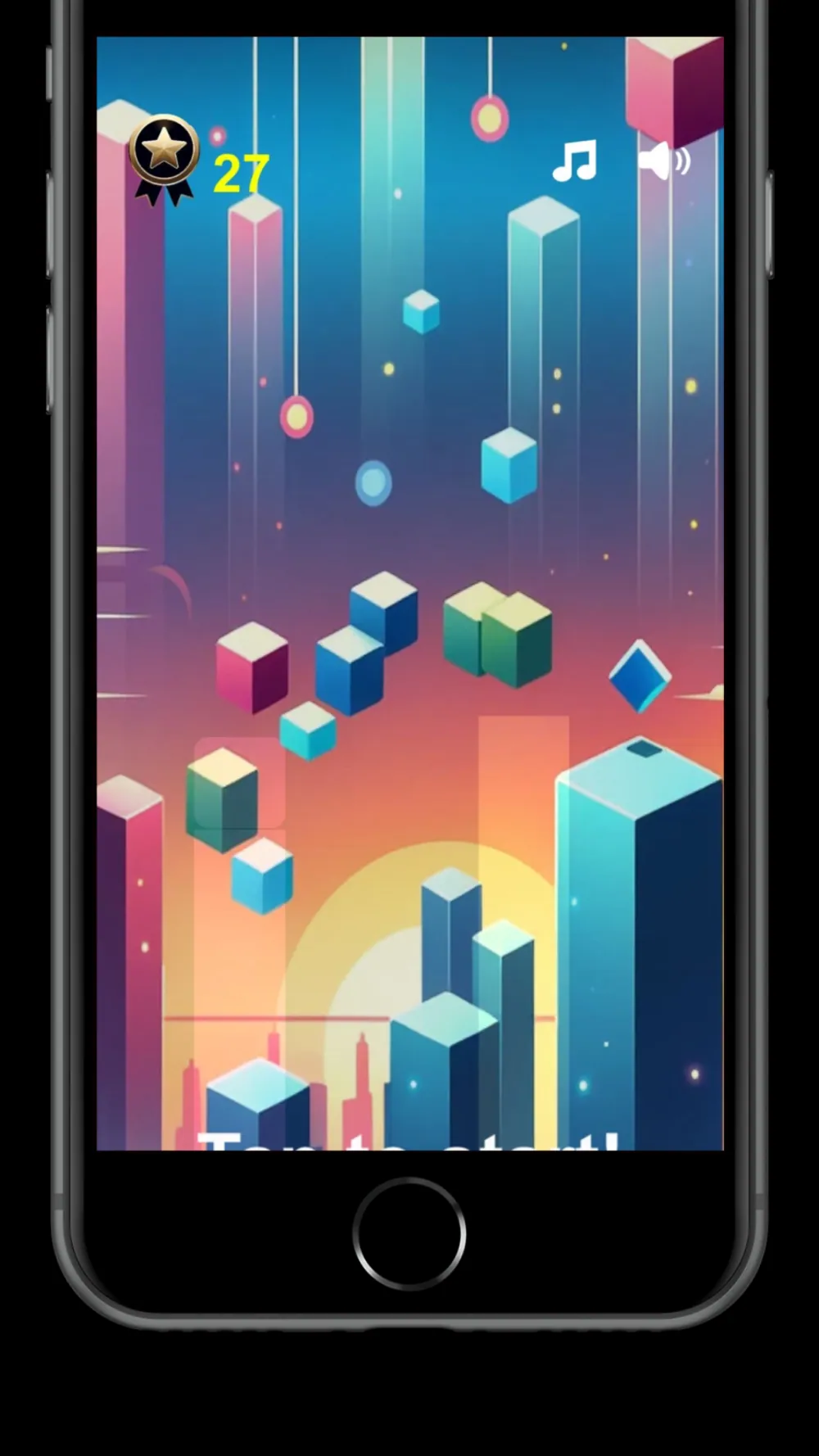 Colour Leap: a block mid-leap between coloured towers