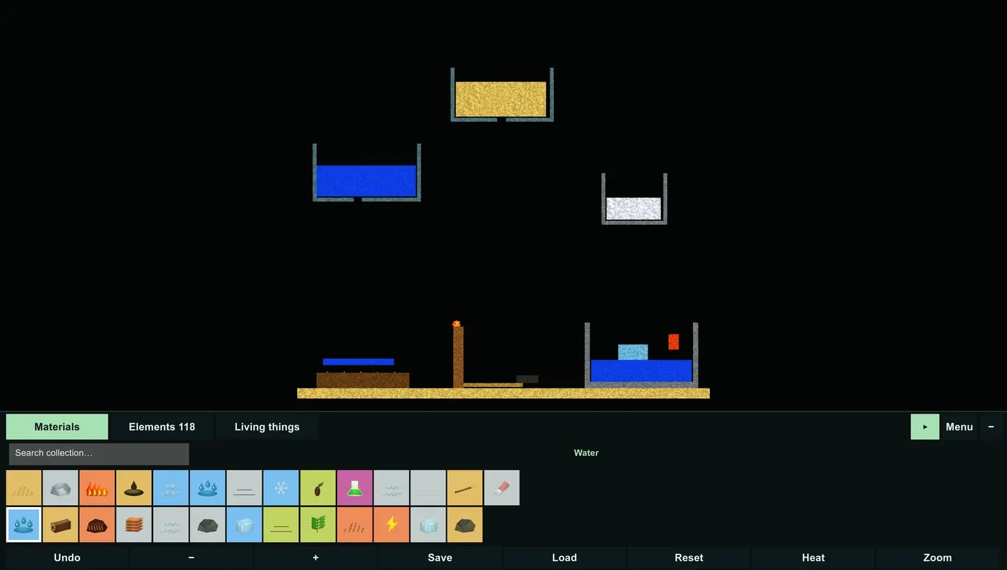 Element Lab: sand and water falling into a basin, with the materials drawer open