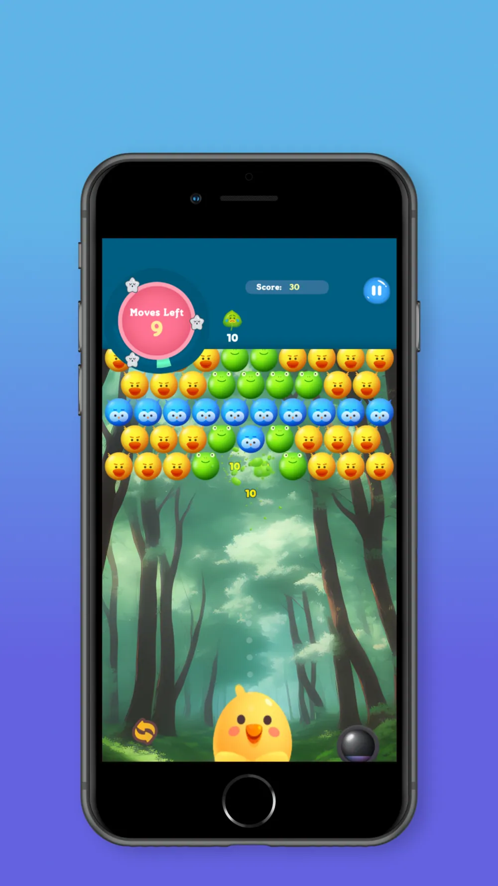 Forest Fable: a board of coloured bubbles above a forest clearing